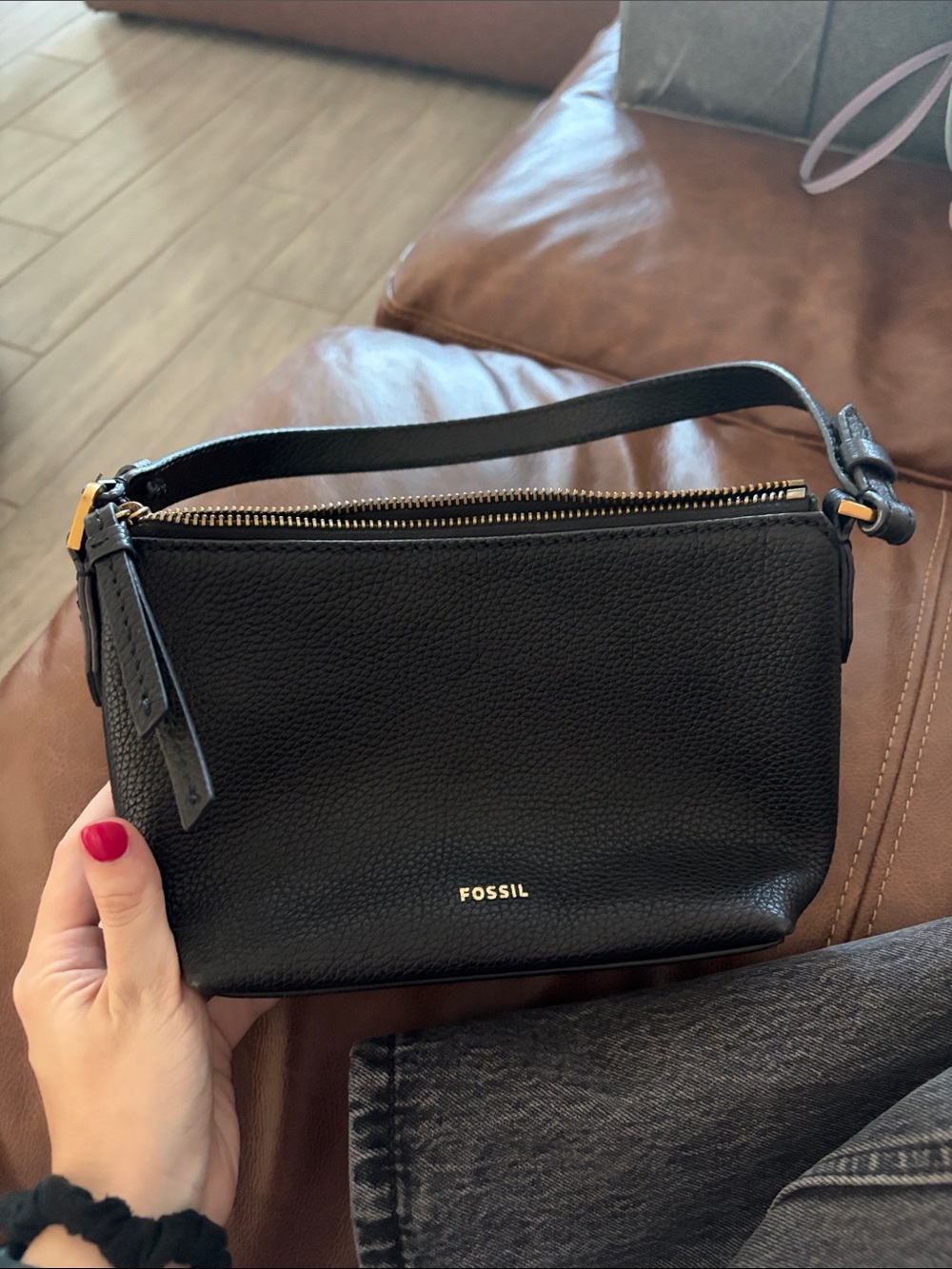 Fossil Black Pebbled Leather Mini Shoulder Bag with Gold Hardware